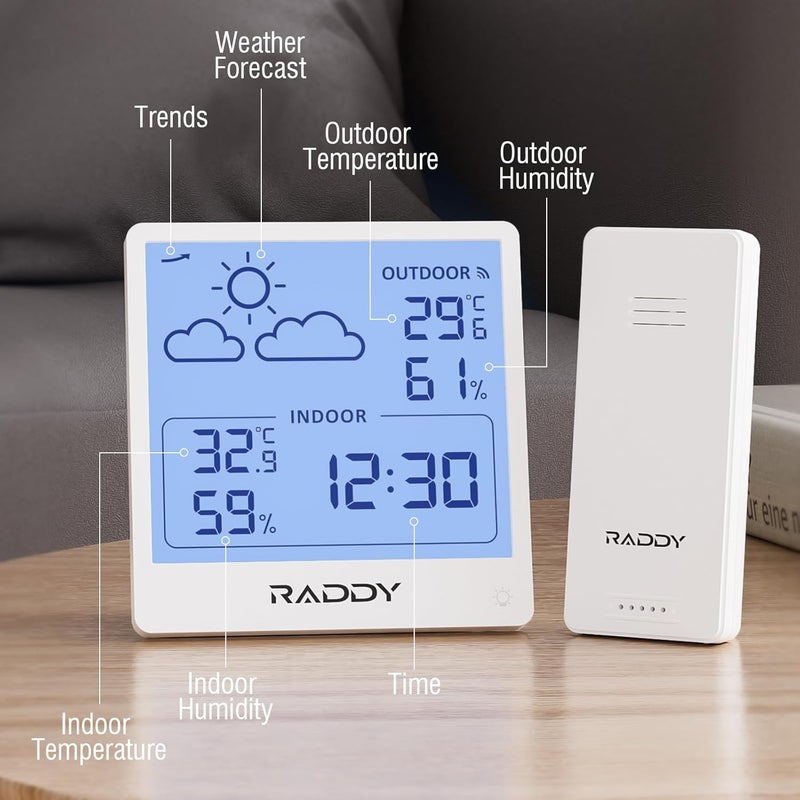 Raddy WF-50T Indoor Outdoor Thermometer Hygrometer Wireless Weather Station, Battery Powered Temperature & Humidity Monitor with 5.0’’ Display, Weather Forecast, Wireless Remote Sensor (White) - Image 2